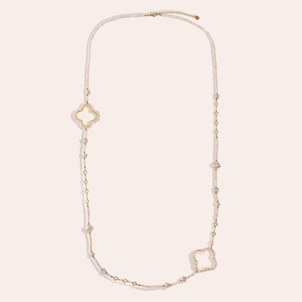 96cm Kleeblatt und Kristallen Edelstahl Halskette    