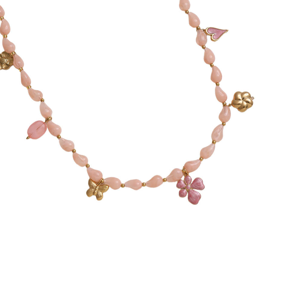 89cm Kette mit Harztropfen und goldenen Schmetterling, Blume, Herz Edelstahl Halskette     