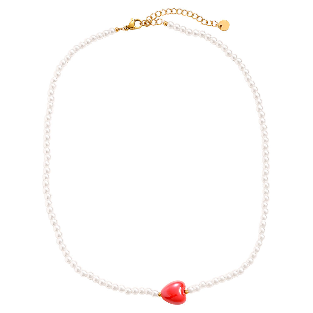 40cm Red Heart In Small Pearl Chain Edelstahl Halskette 