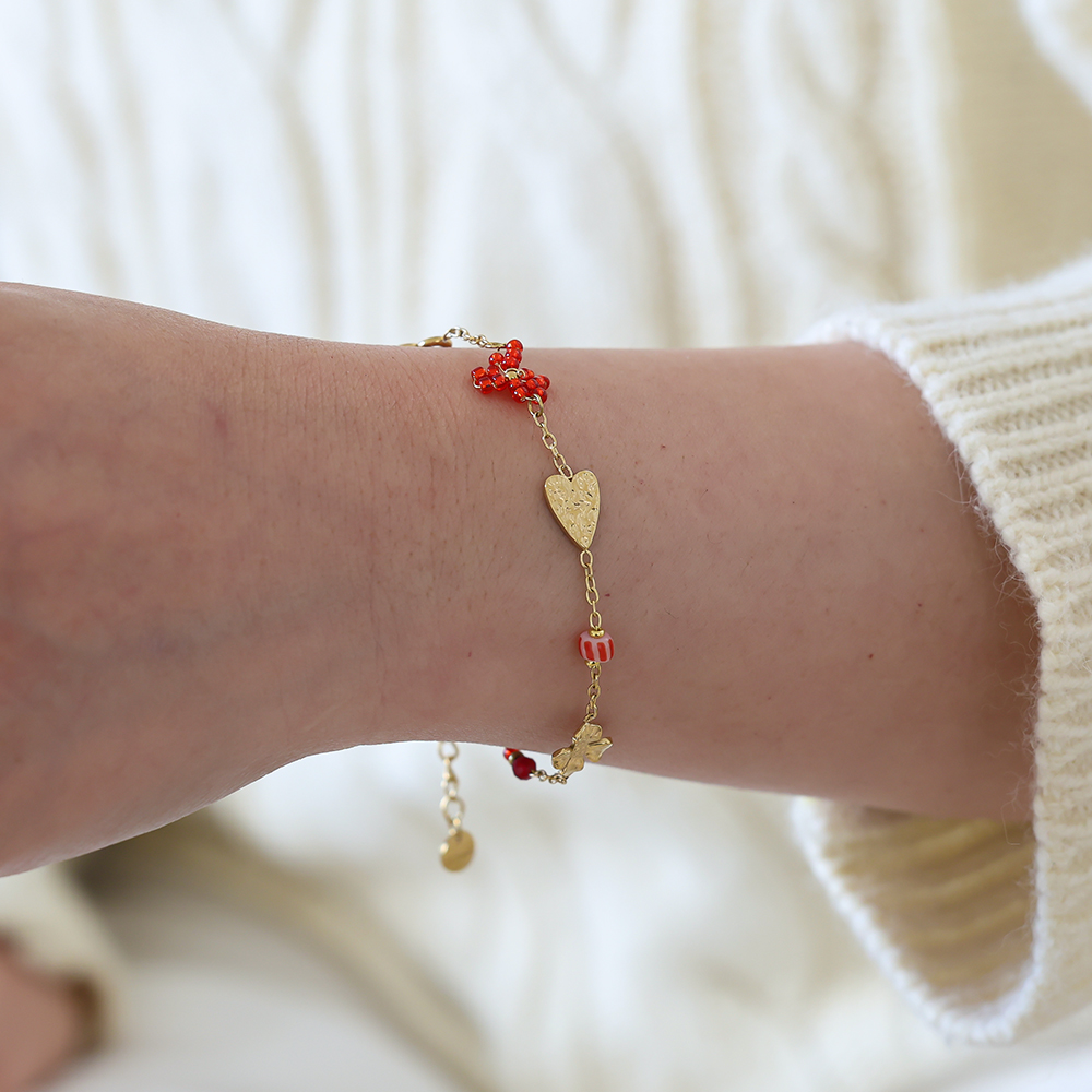 16cm Herz, Kleeblatt und Blumen Perlen Edelstahl Armband