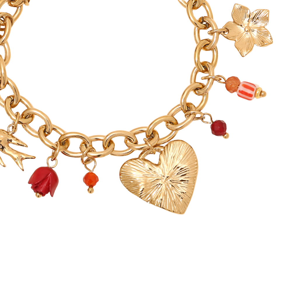 17cm Herz Blüten Beads Edelstahl Armband