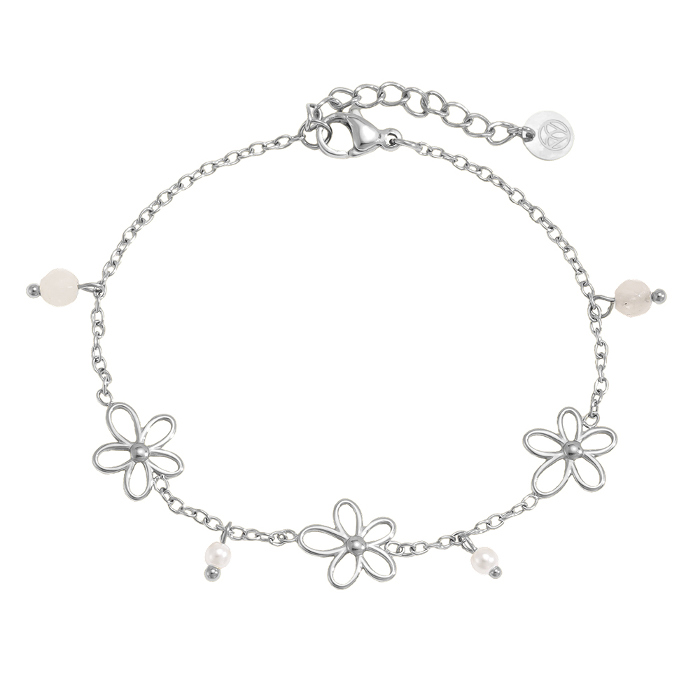 Edelstahl Armband 17cm Einfache Blumen und Perlen