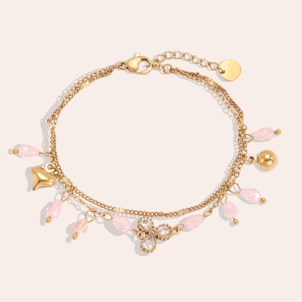 Edelstahl Armband 17cm doppellagiges mit Strasssteinen und Glas