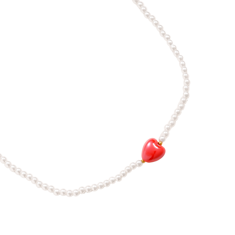 40cm Red Heart In Small Pearl Chain Edelstahl Halskette 