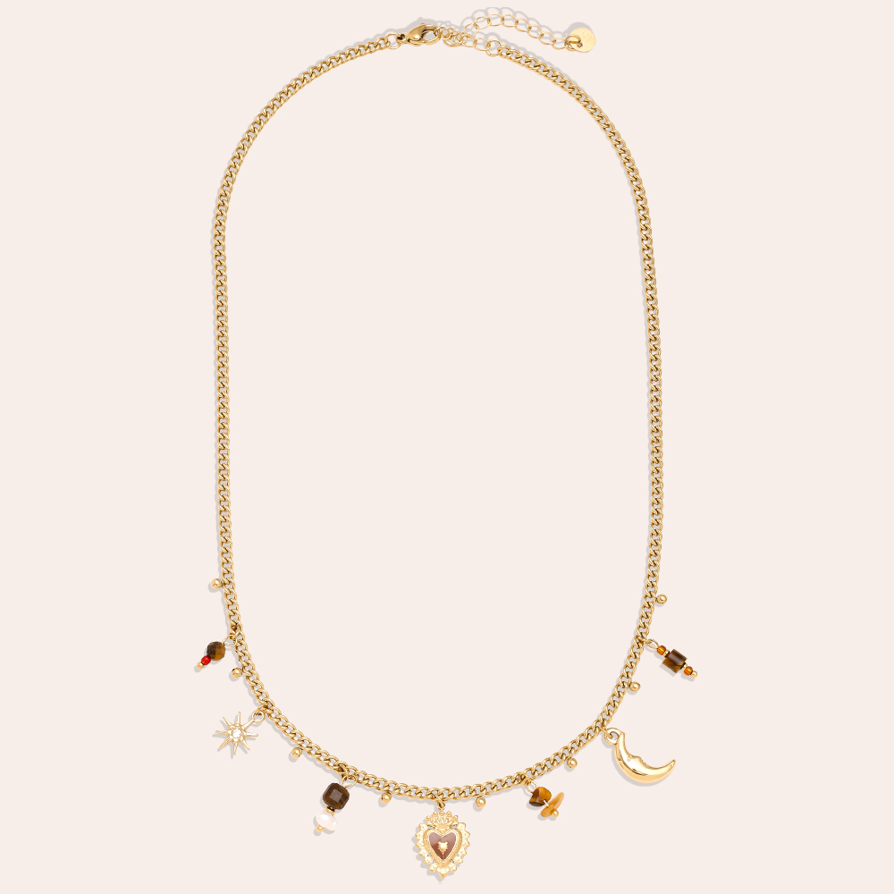 Edelstahl Halskette 42cm Natural Stone And Charms