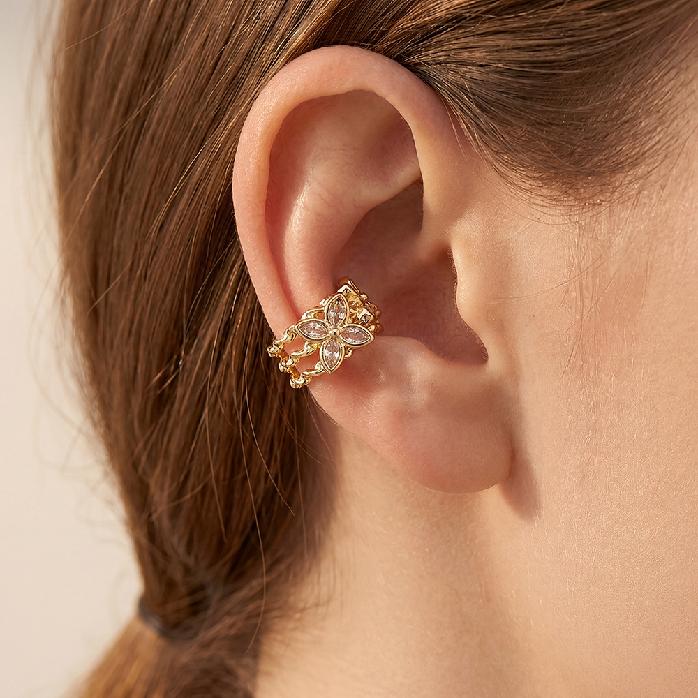 Vergoldete Ear-cuffs 15mm Zirkonia Doppelt Kleeblatt 