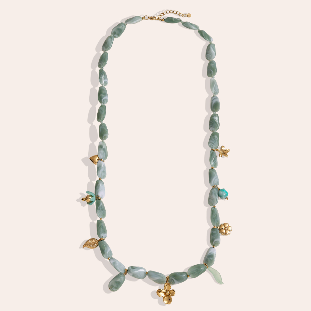 90cm längliche Acrylstücke und goldene Blumenanhänger Edelstahl Halskette      