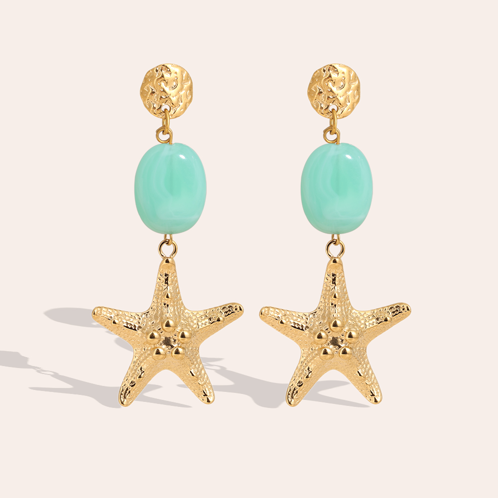 7cm Großer Seestern und grün Acryl Edelstahl Ohrringe     