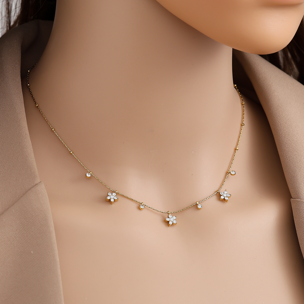 40cm Flower And Diamond Dots Edelstahl Halskette 