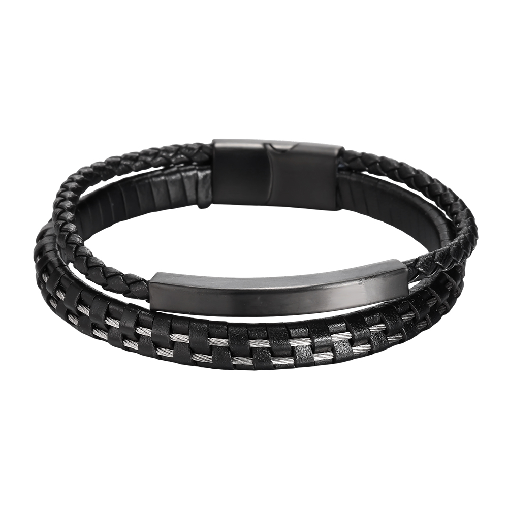  Edelstahl Armband PU Mehrlagig Gewebt 
