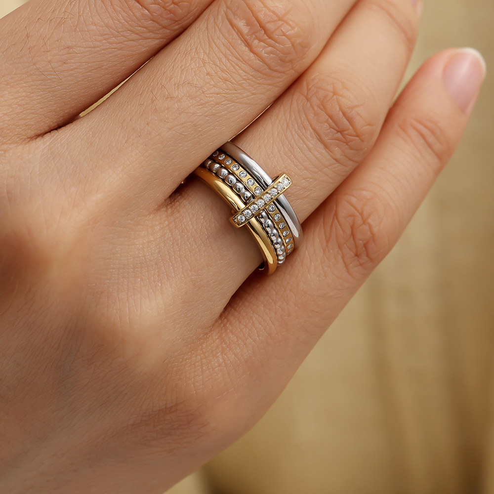 Various Layer Gold And Silver Diamond Lock Ring Set Edelstahl Ring      