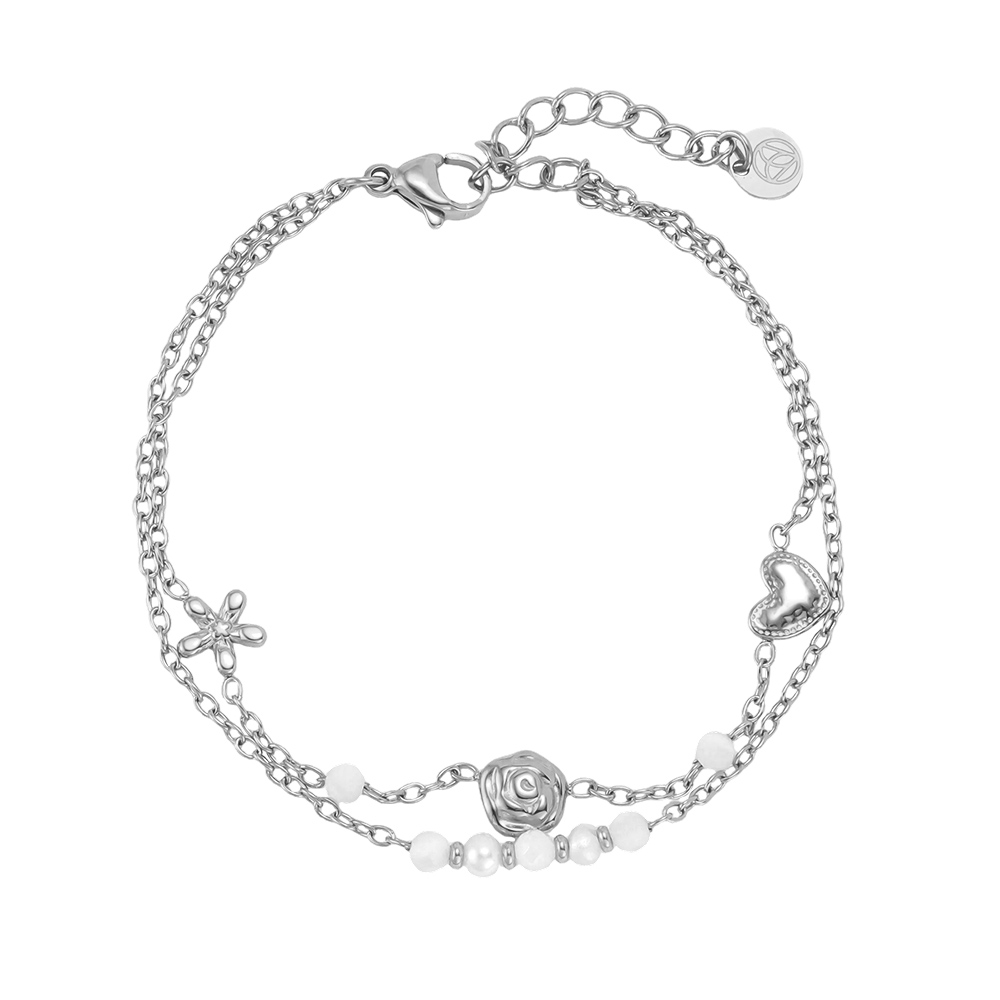16.5cm Blume Rose Herz Perlen Doppelketten Edelstahl Armband