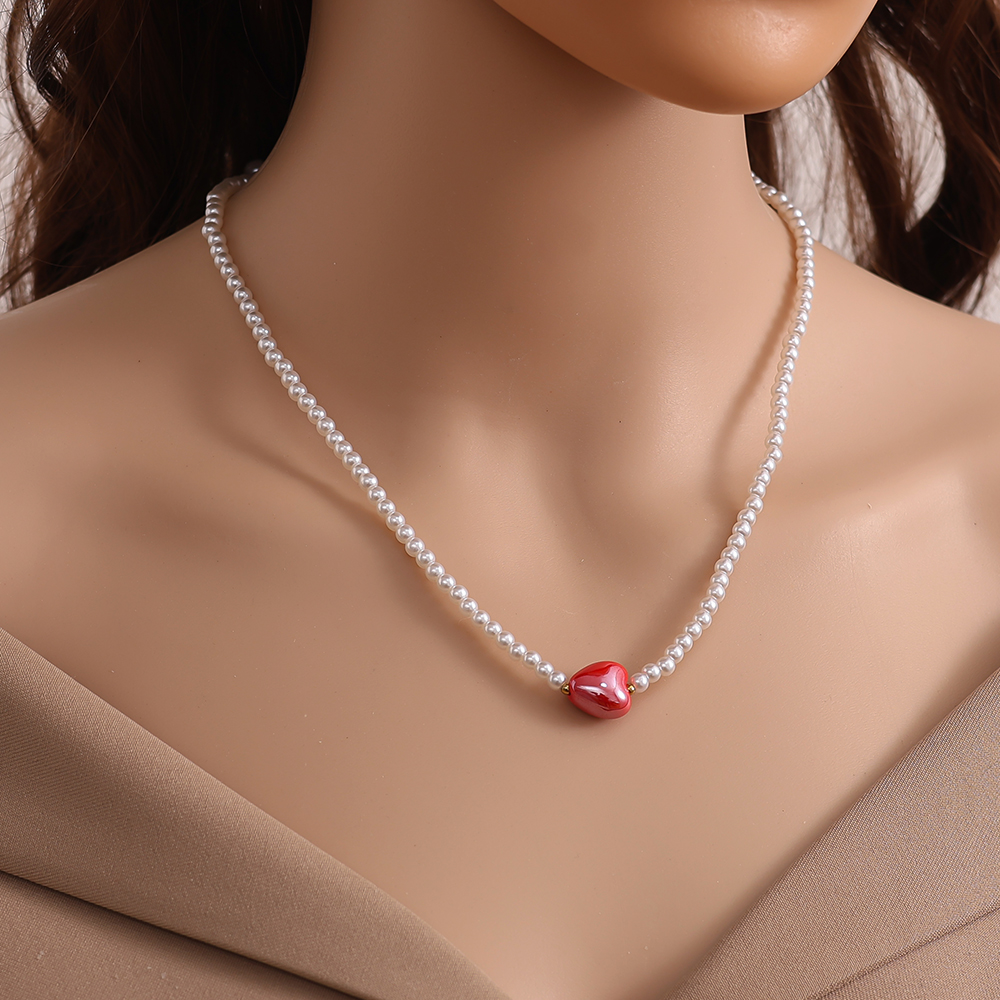 40cm Red Heart In Small Pearl Chain Edelstahl Halskette 