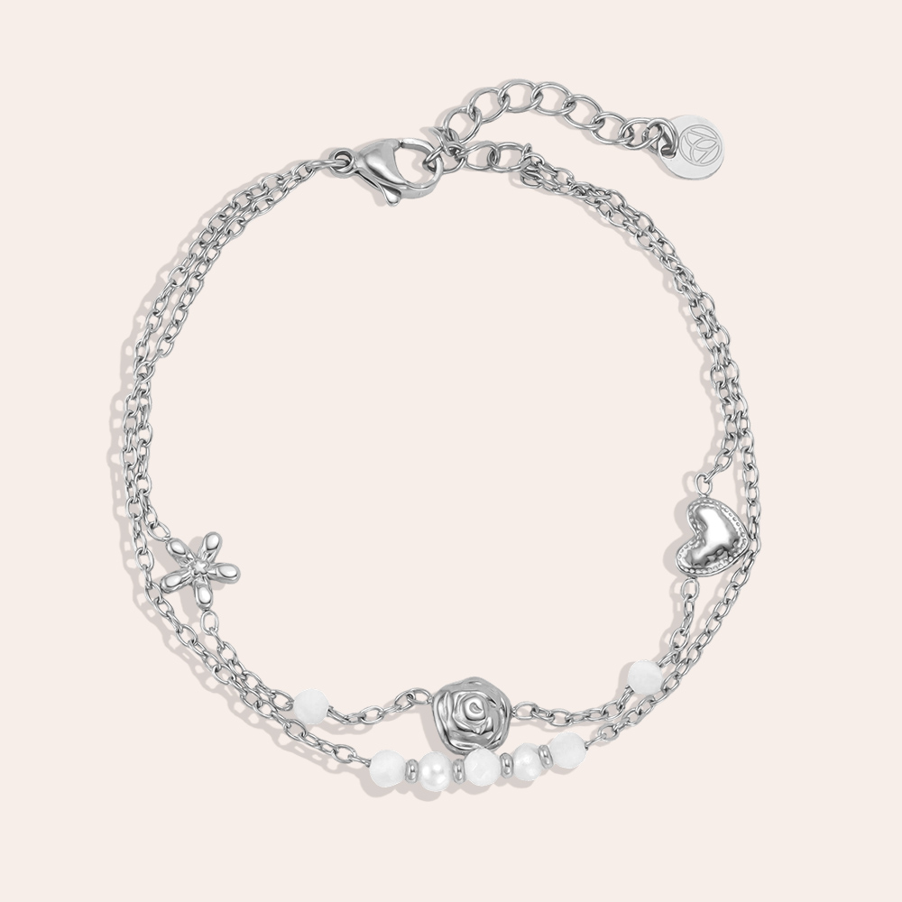16.5cm Blume Rose Herz Perlen Doppelketten Edelstahl Armband