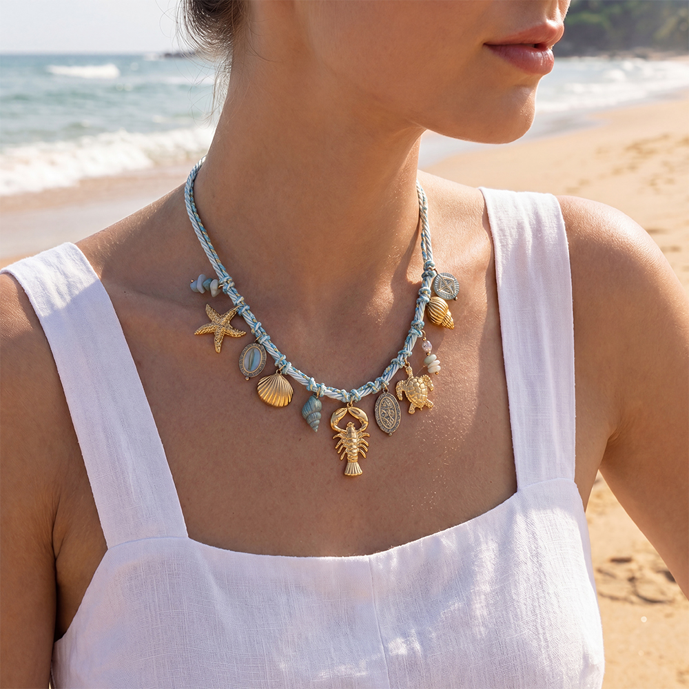 42cm blauer Ozean-Stil Edelstahl Halskette     