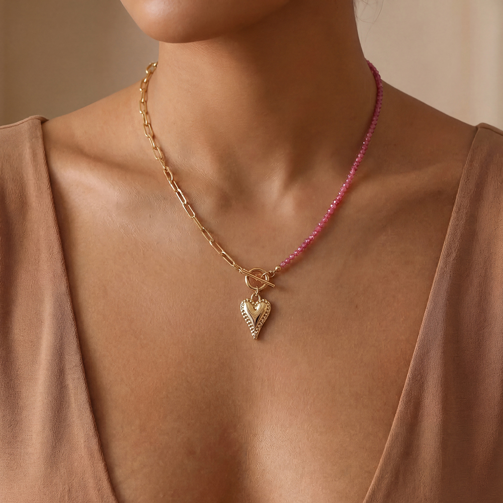 40cm Farbige Beads Herz Edelstahl Halskette