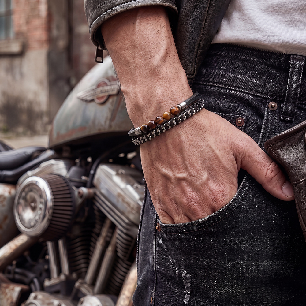 Edelstahl Armband PU Multi-Layered Chain Natural Stone