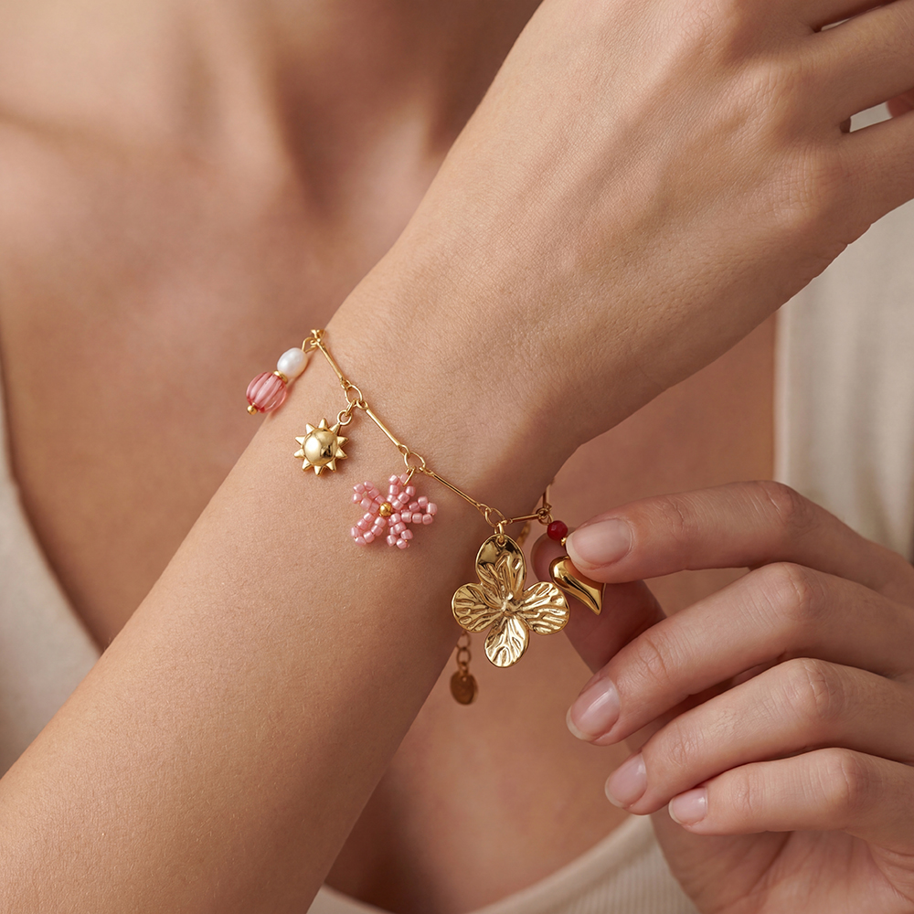 17cm Blume Herz und Sonne Edelstahl Armband    