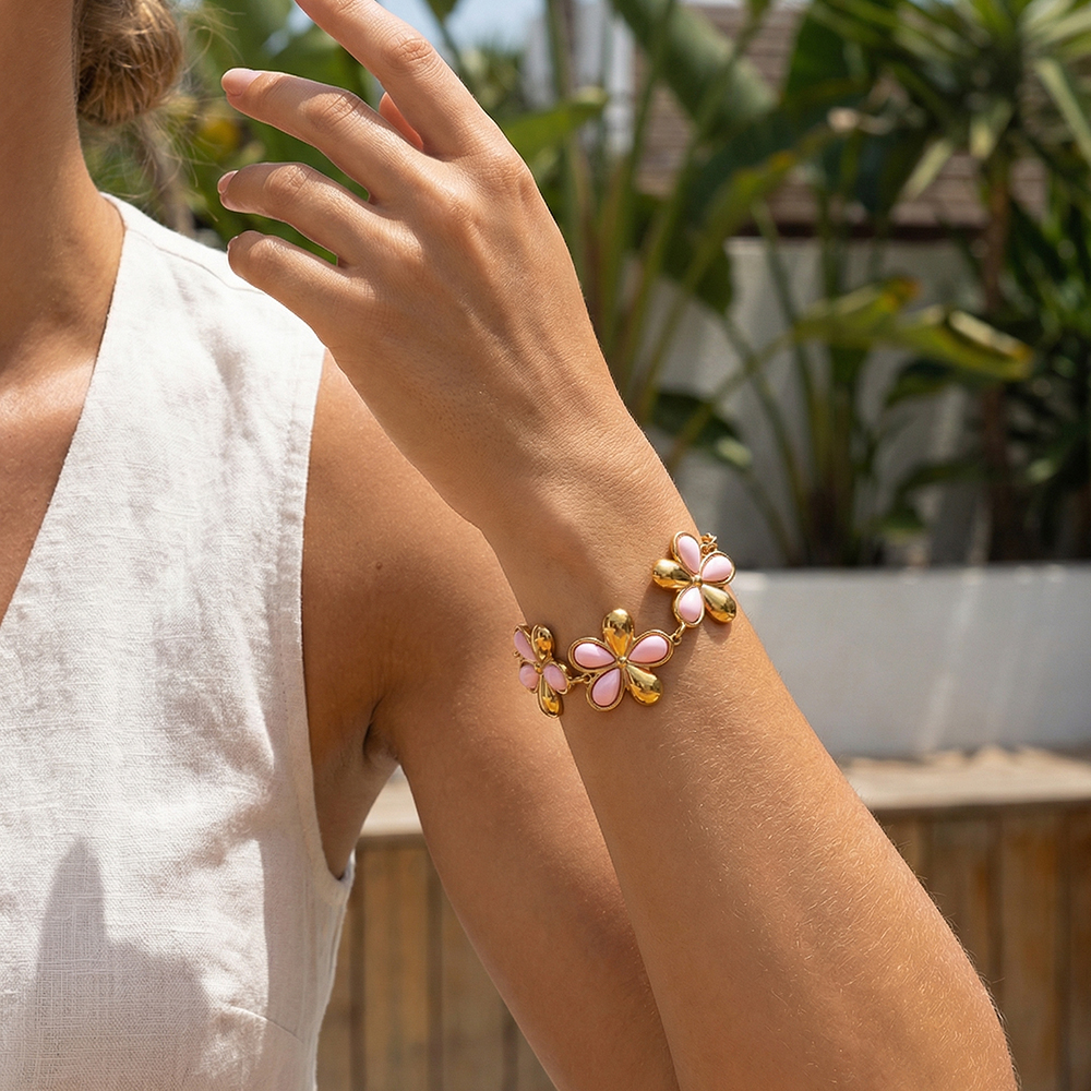Edelstahl Armband 17cm rosa Blume