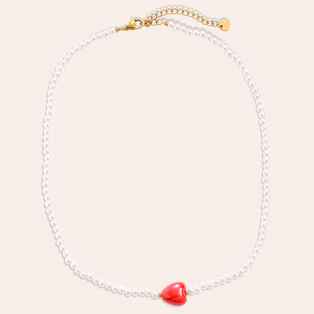 40cm Red Heart In Small Pearl Chain Edelstahl Halskette 