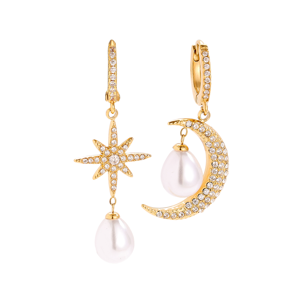 44mm Sparkling Diamond Moon And Star With Pearl Edelstahl Ohrringe             