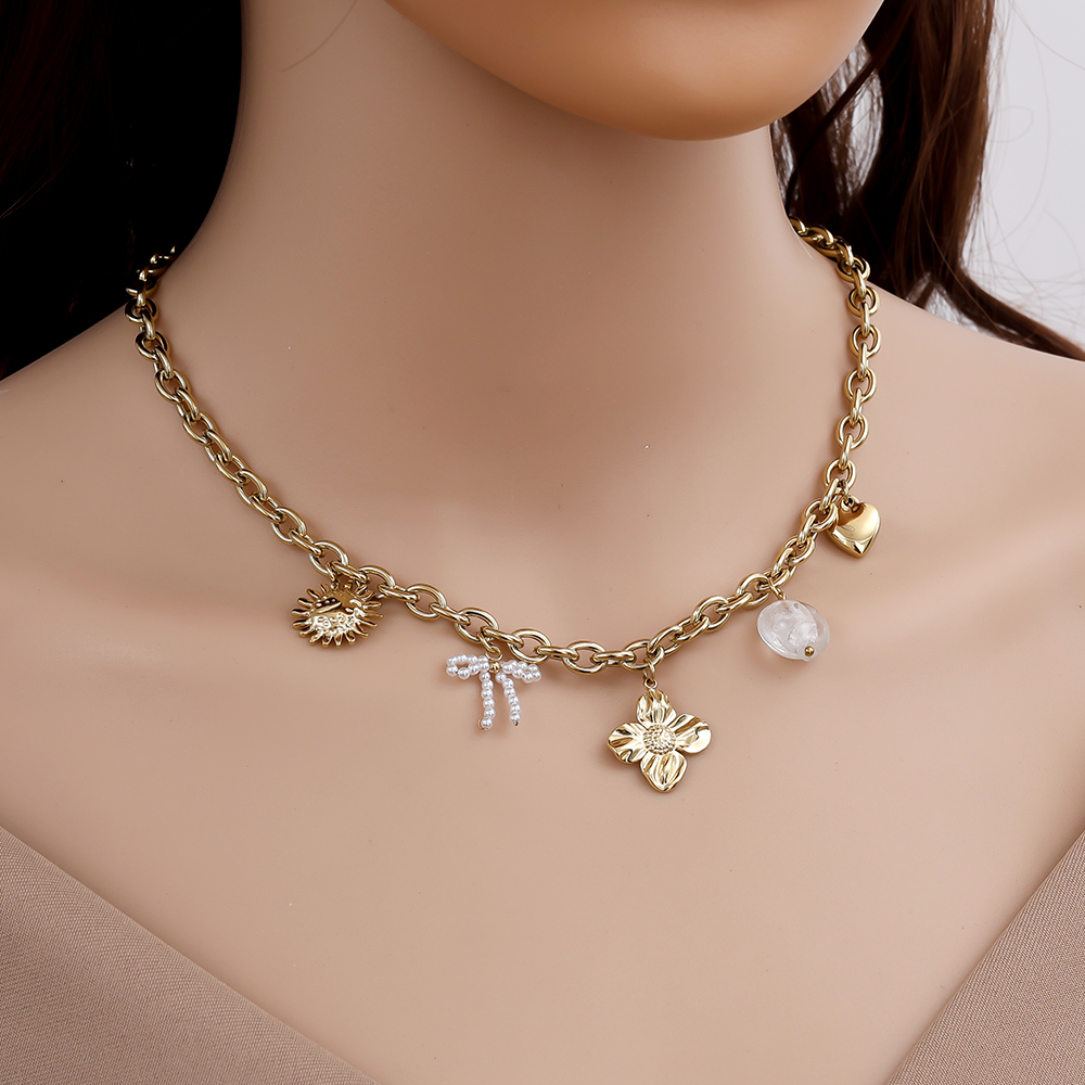 43cm Sonne, Blume, Herz und Perlen Anhänger Edelstahl Halskette