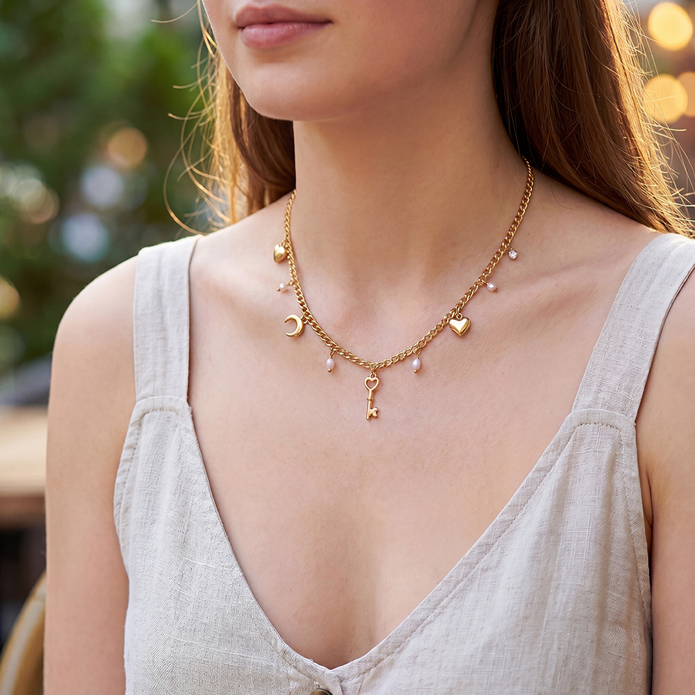 41cm Herz Mond Schlüssel und Perle Edelstahl Halskette