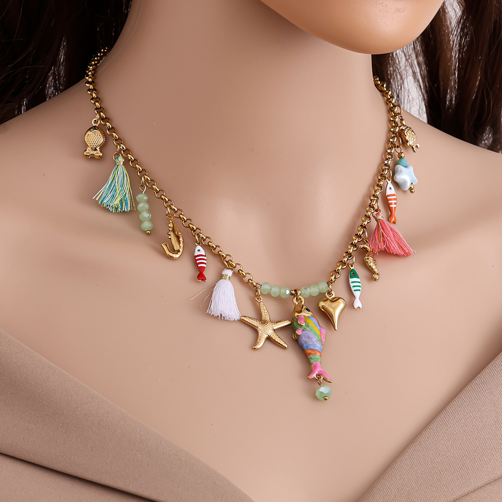 42cm Urlaubsstil und Quasten Edelstahl Halskette   