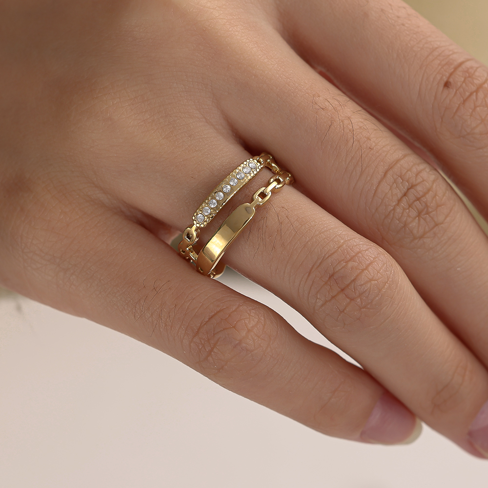 Verstellbarer Doppel Ketten Zirkonia Edelstahl Ring