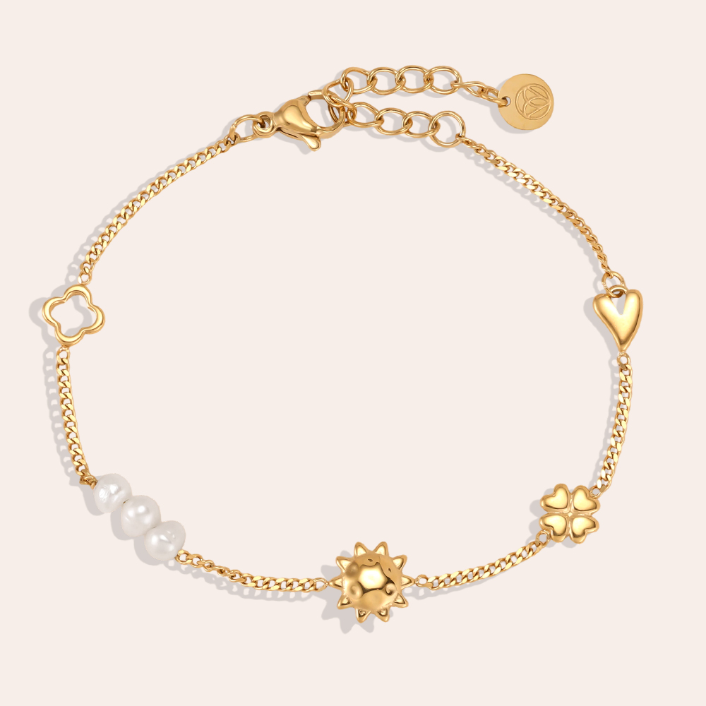 16cm Sonne Kleeblatt Herz und Perle Edelstahl Armband 