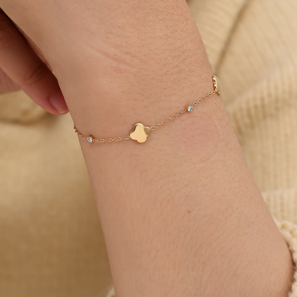 16cm Classic Luckly Flower And Diamond Dots Edelstahl Armkette   