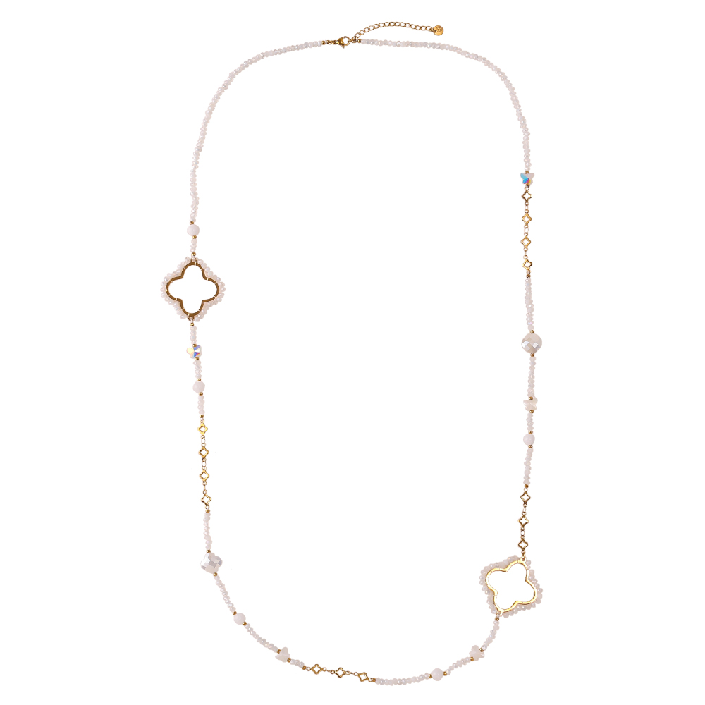 96cm Kleeblatt und Kristallen Edelstahl Halskette    