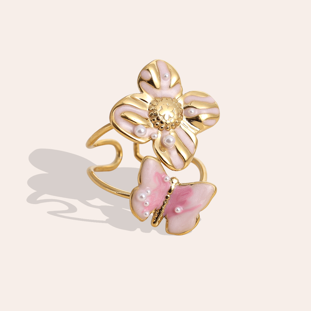 hellrosa Schmetterling mit Blumen Edelstahl Ring        