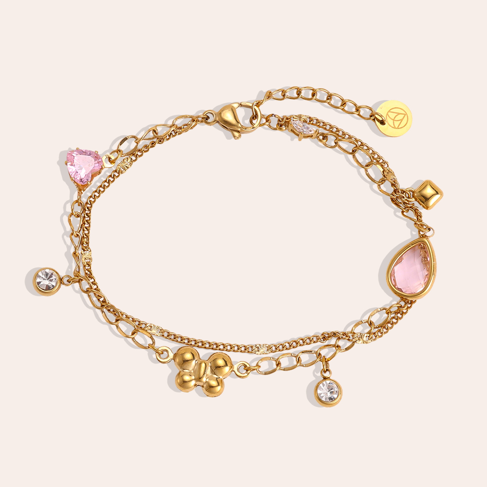 Edelstahl Armband 17cm rosa Glas und goldener Schmetterling