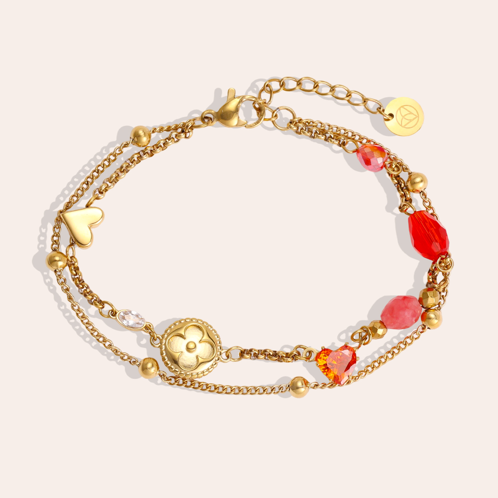 Edelstahl Armband 17cm Herz und rote Kristallperlen