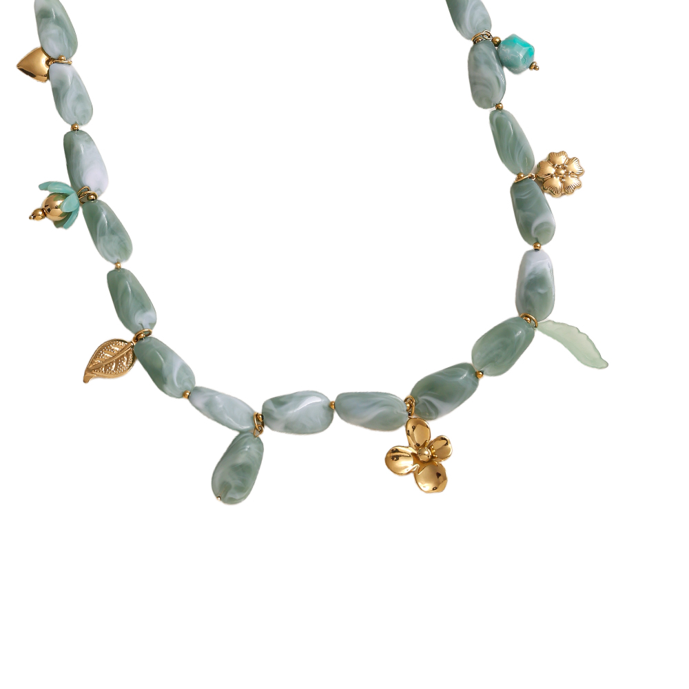 90cm längliche Acrylstücke und goldene Blumenanhänger Edelstahl Halskette      