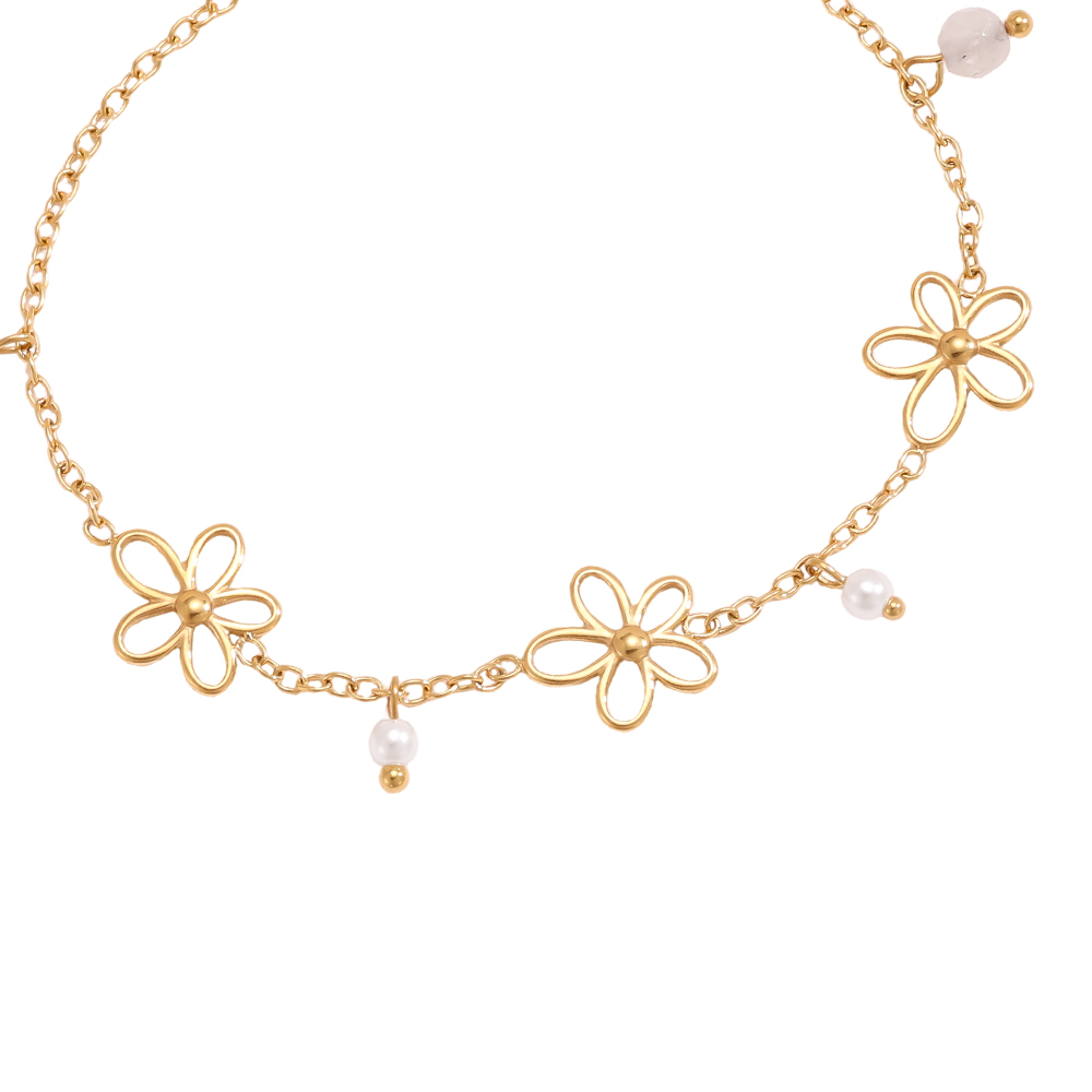 Edelstahl Armband 17cm Einfache Blumen und Perlen