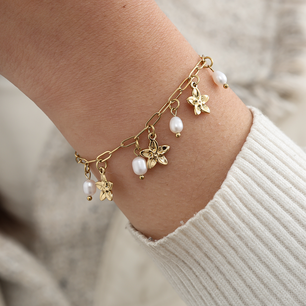 16cm Super Flower And Pearl Edelstahl Armband   