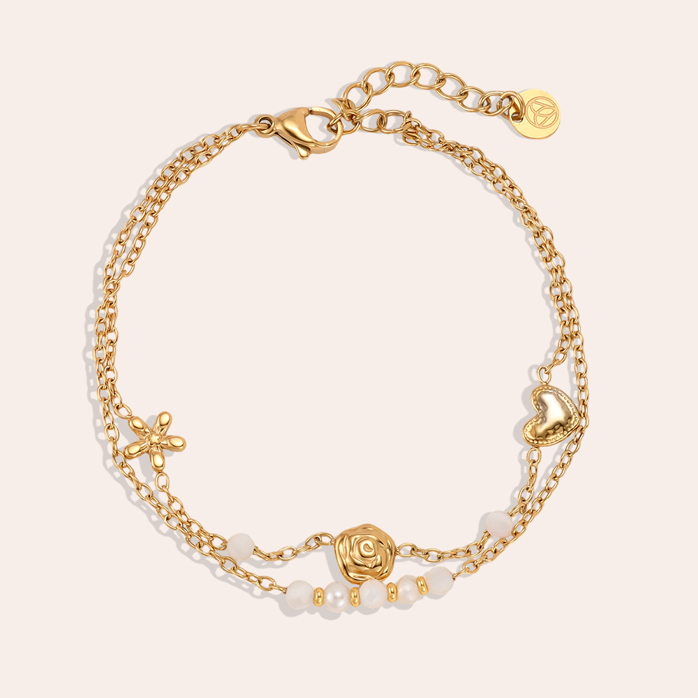 16.5cm Blume Rose Herz Perlen Doppelketten Edelstahl Armband