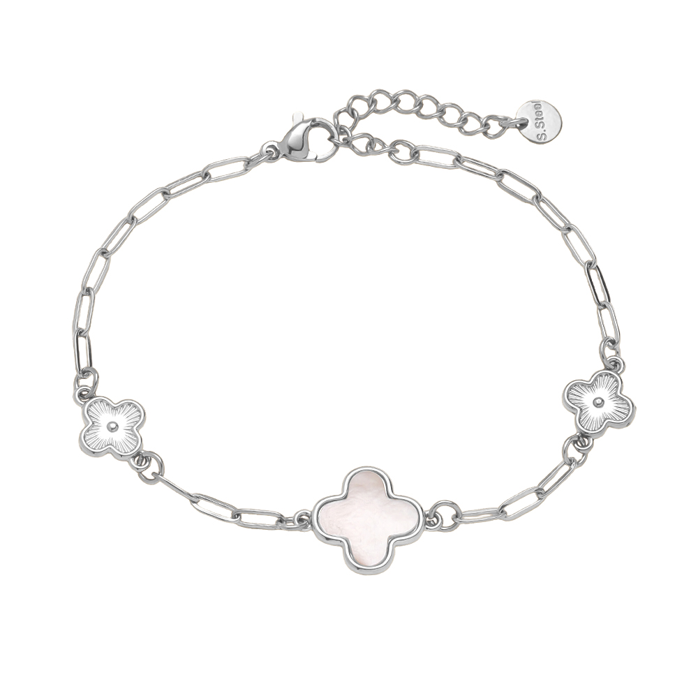 17cm Perlmutt-Vierblattklee-Blume Edelstahl Armband  