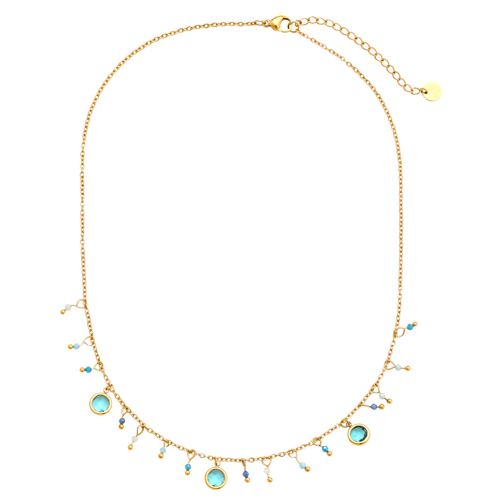 40cm blaue Glasperlen und blaue Kristalle Edelstahl Halskette  