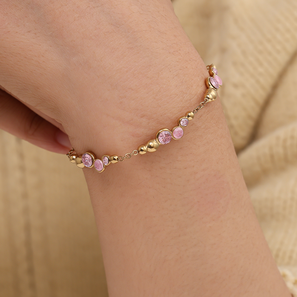 17cm Pro Pink Round Diamond Edelstahl Armkette       