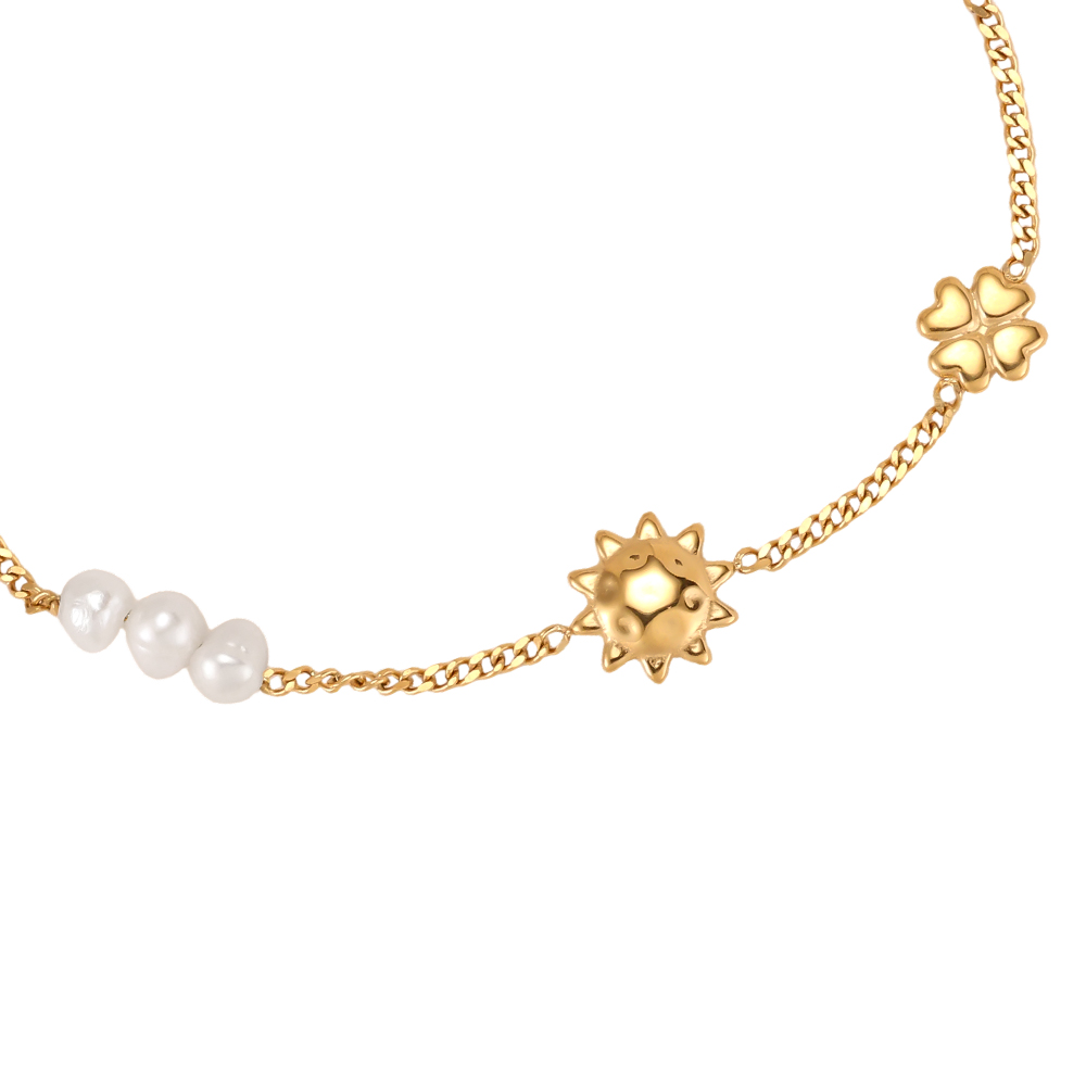 Edelstahl Armband 16cm Sonne Kleeblatt Herz und Perle