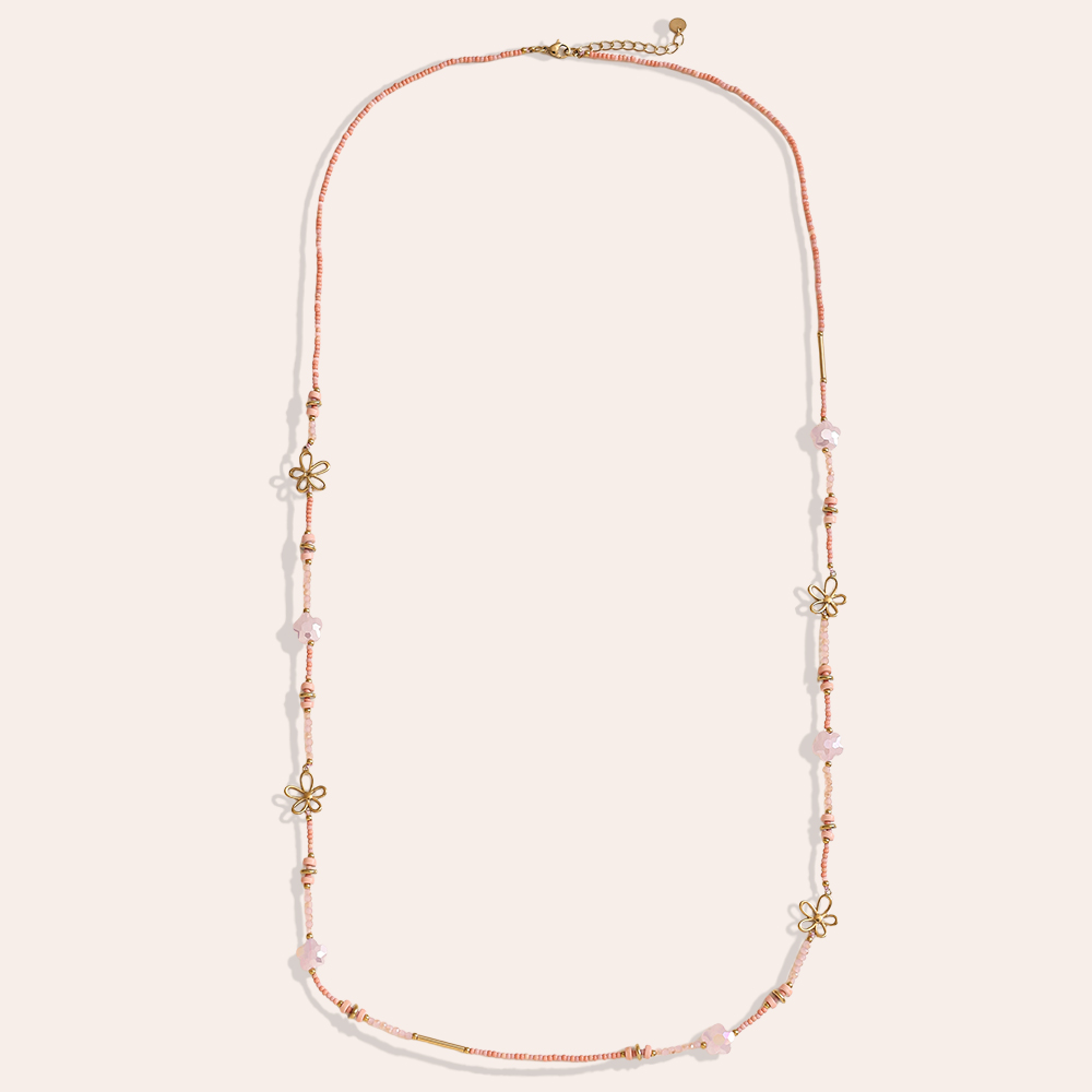 94cm kleine Harzperlenkette mit goldenen Blumen Edelstahl Halskette         