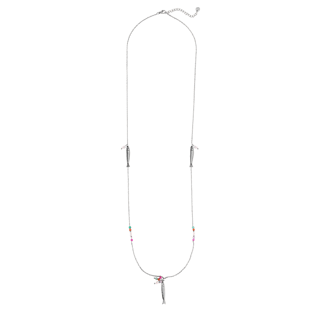 Edelstahl Halskette 80cm Fisch und bunte kleine Perlen