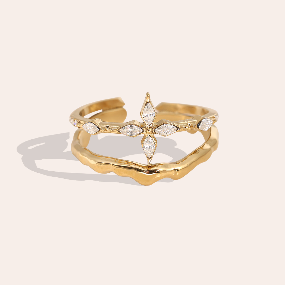 Verstellbarer zweilagige Kreuz Blumen mit Zirkonia Doppel Edelstahl Ring     