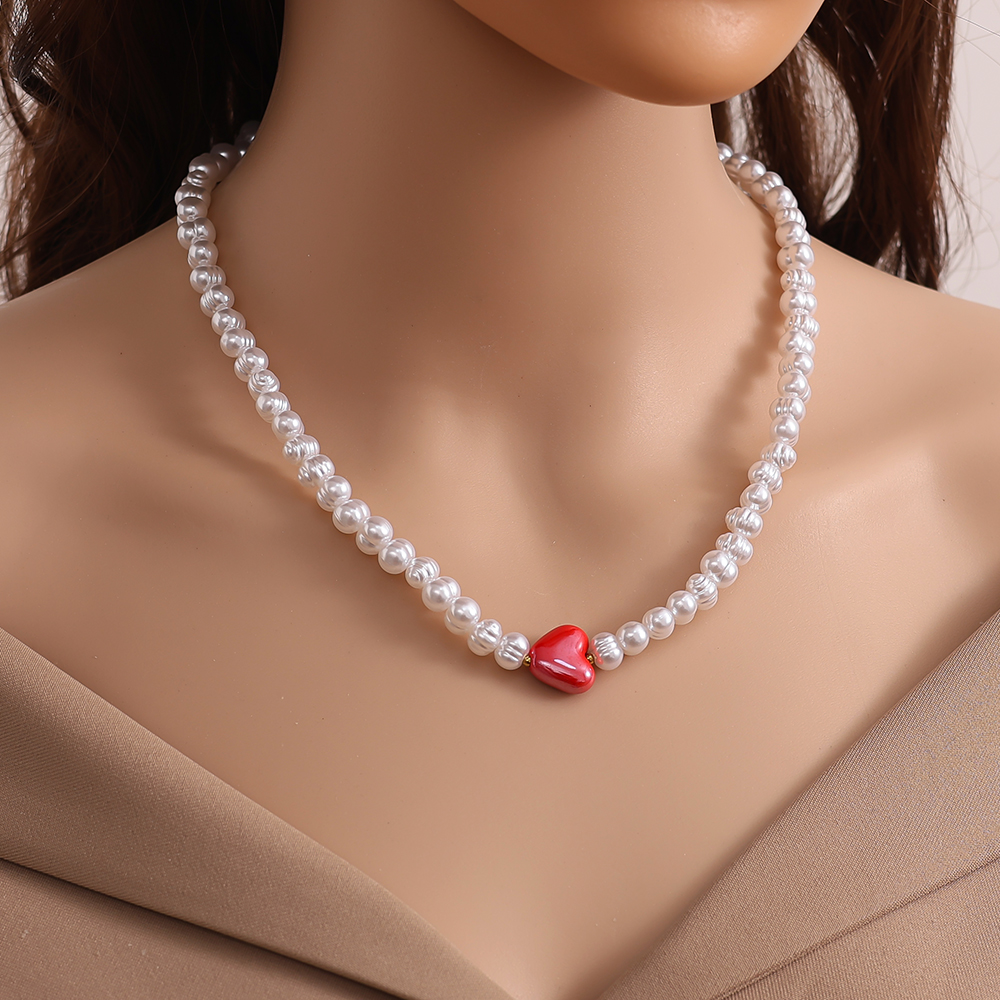 41cm Red Heart In Big Pearl Chain Edelstahl Halskette   