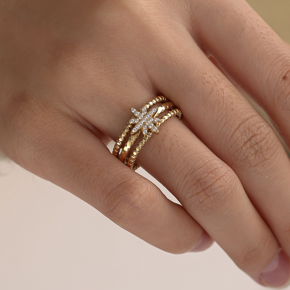 Diamond Star In Three Line Edelstahl Ring      