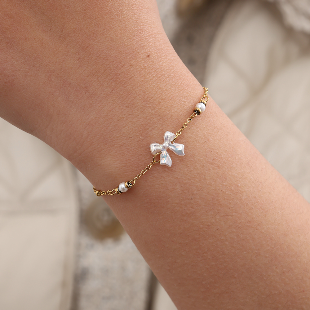 17cm Pearl Dots And Butterfly Edelstahl Armband   