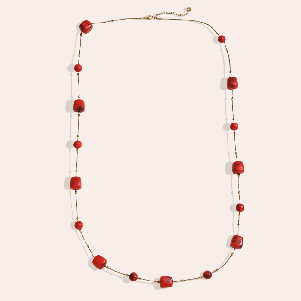 90cm Harzwürfel und Perlchen Edelstahl Halskette    